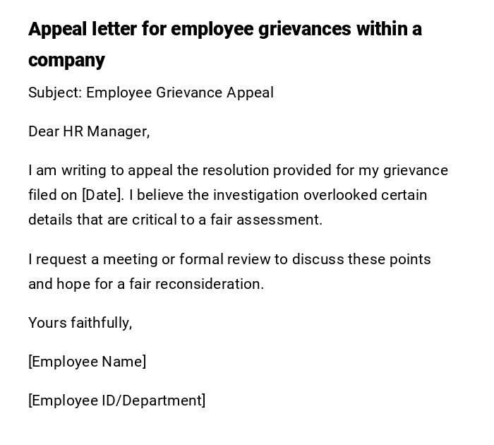 Appeal letter for employee grievances within a company
