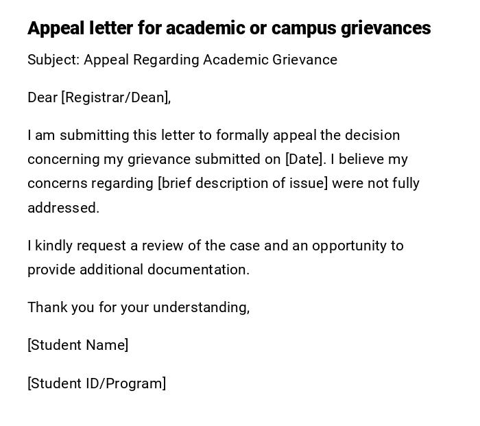 Appeal letter for academic or campus grievances