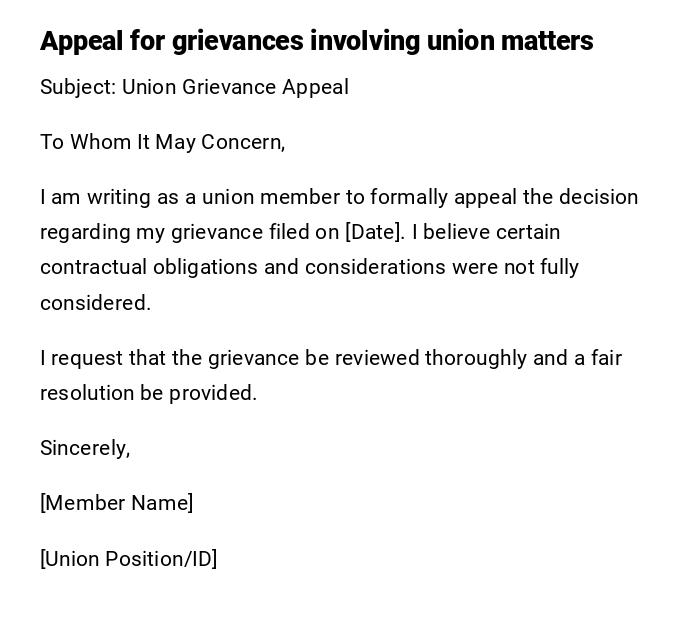 Appeal for grievances involving union matters