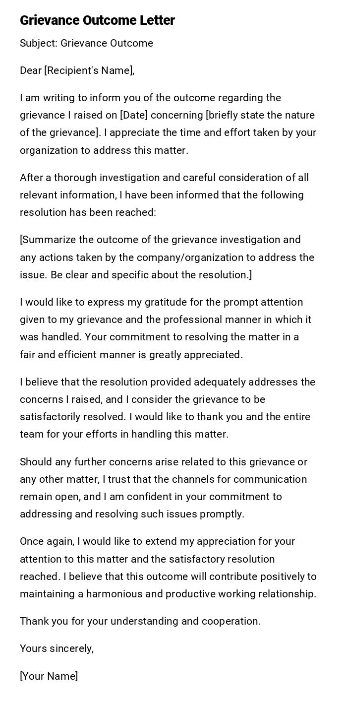 Grievance Outcome Letter Grievance Outcome Letter