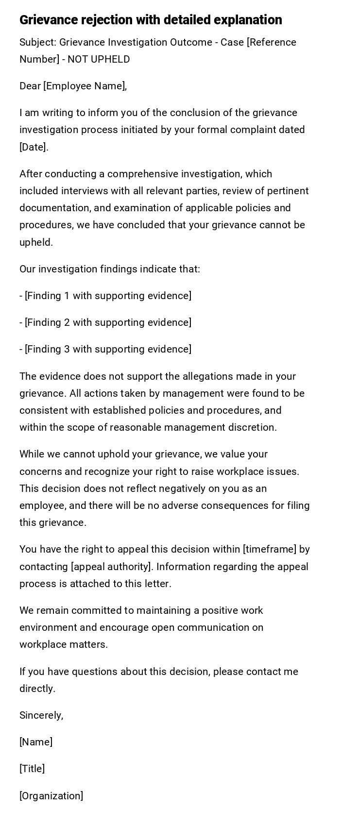 Grievance rejection with detailed explanation Grievance rejection with detailed explanation