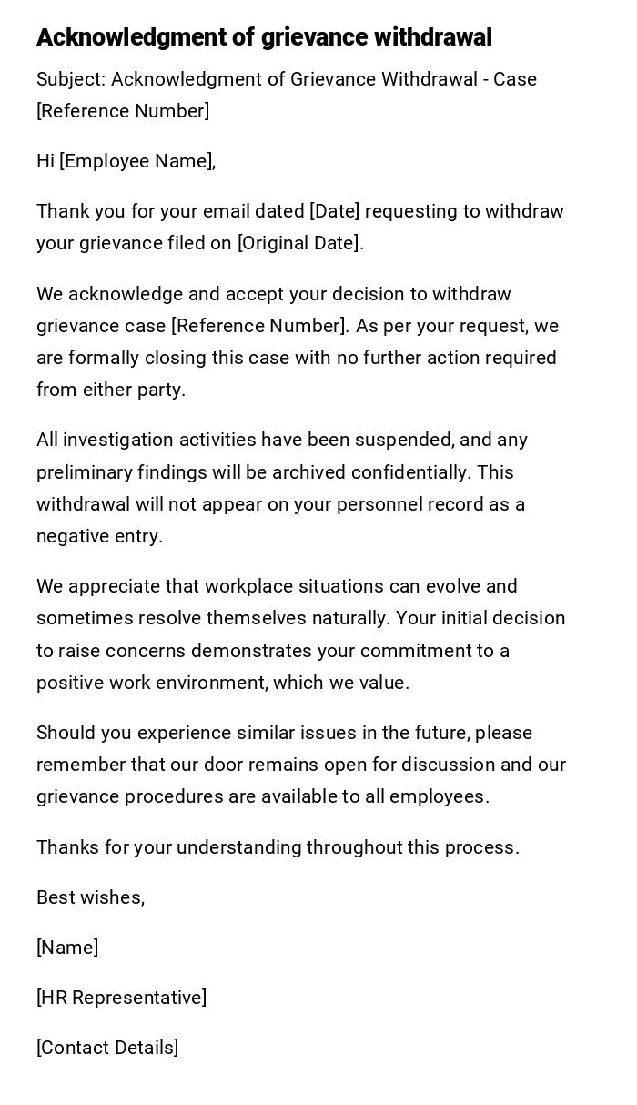 Acknowledgment of grievance withdrawal Acknowledgment of grievance withdrawal