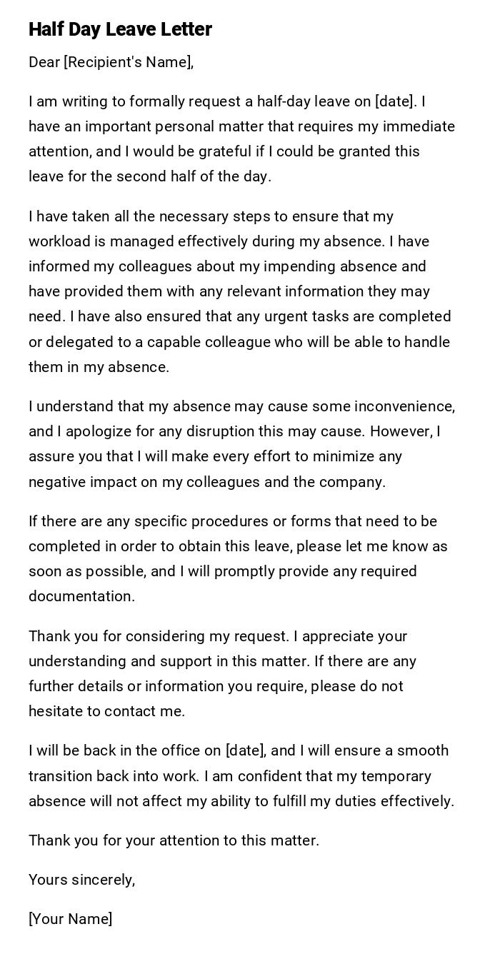 Half Day Leave Letter Half Day Leave Letter