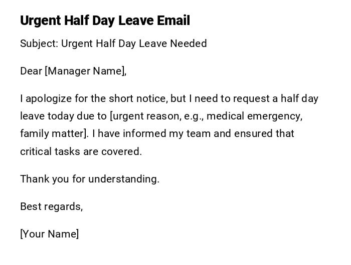 Urgent Half Day Leave Email Urgent Half Day Leave Email