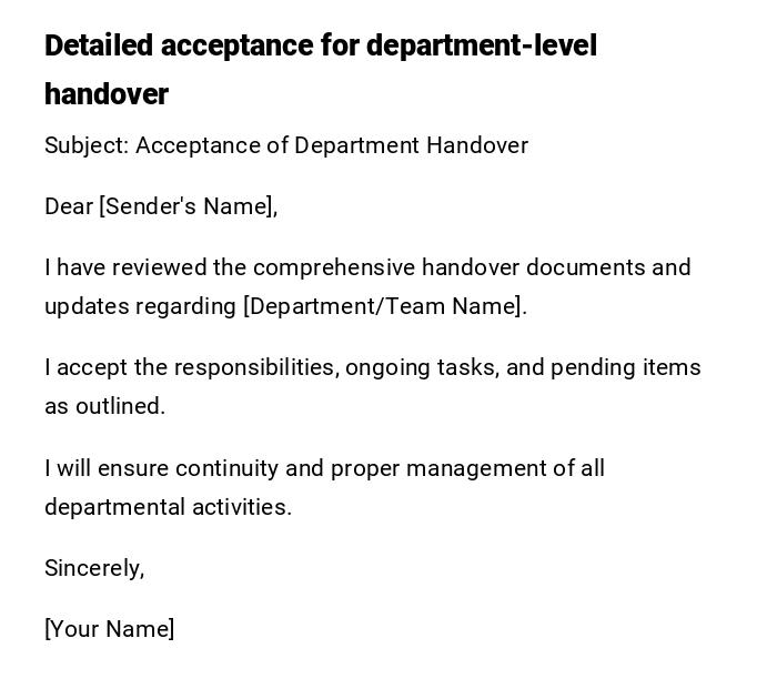 Detailed acceptance for department-level handover