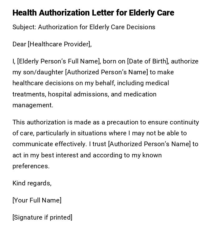 Health Authorization Letter for Elderly Care