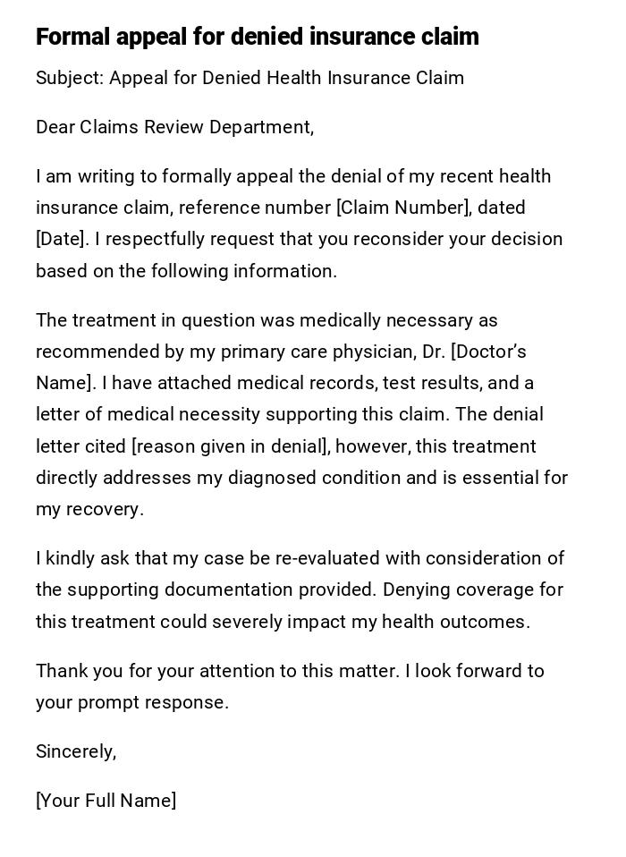 Formal appeal for denied insurance claim