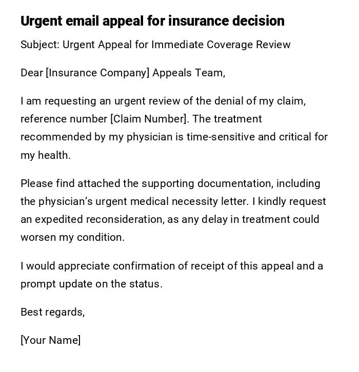 Urgent email appeal for insurance decision