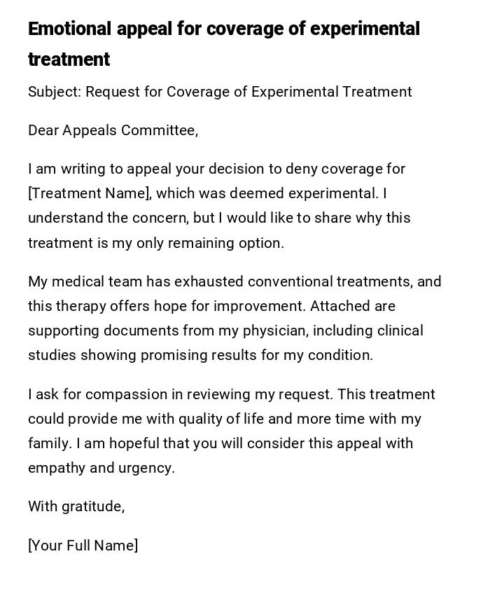 Emotional appeal for coverage of experimental treatment