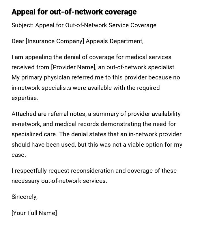 Appeal for out-of-network coverage