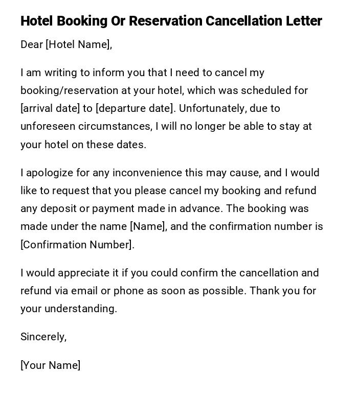 Hotel Booking Or Reservation Cancellation Letter Hotel Booking Or Reservation Cancellation Letter