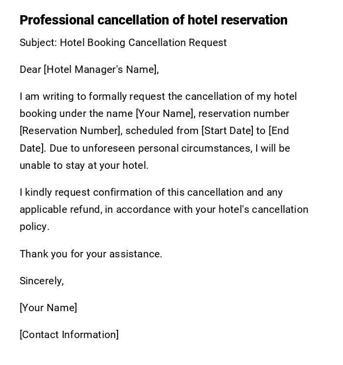Professional cancellation of hotel reservation Professional cancellation of hotel reservation