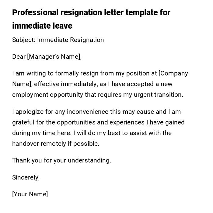 Professional resignation letter template for immediate leave