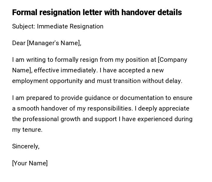 Formal resignation letter with handover details