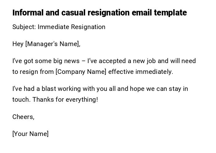 Informal and casual resignation email template
