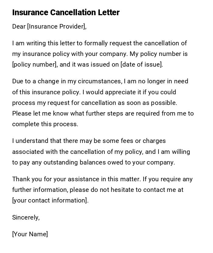 Insurance Cancellation Letter Insurance Cancellation Letter