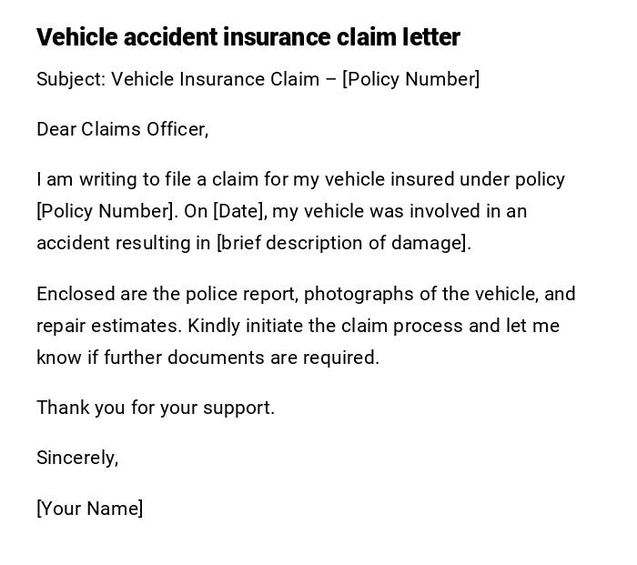 Vehicle accident insurance claim letter