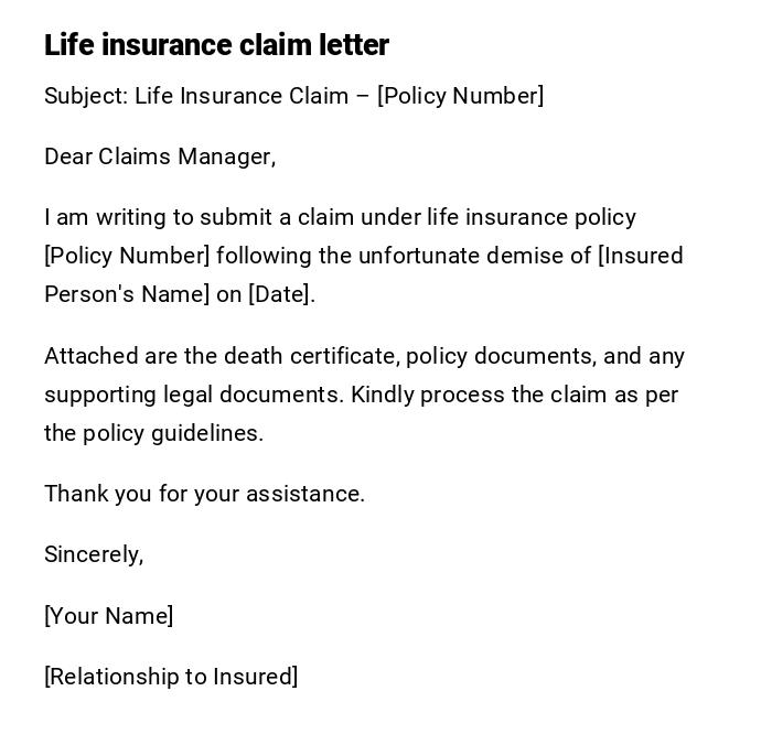 Life insurance claim letter