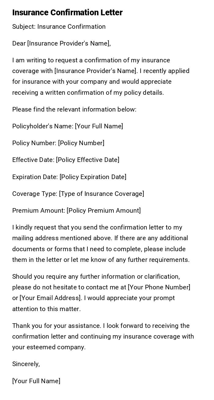 Insurance Confirmation Letter Insurance Confirmation Letter