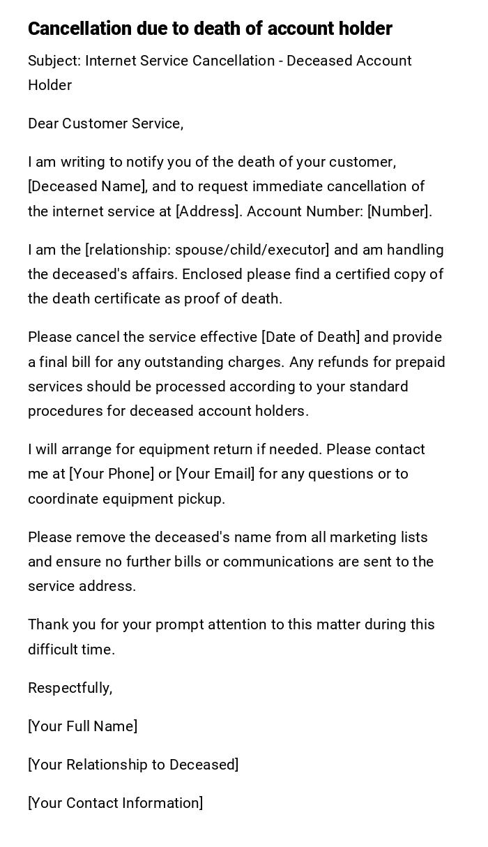 Cancellation due to death of account holder