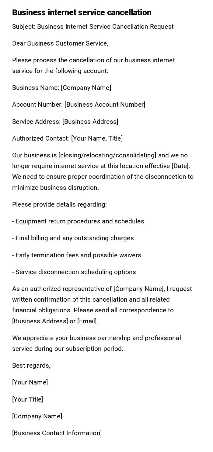 Business internet service cancellation