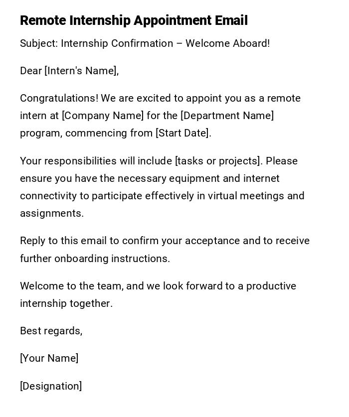 Remote Internship Appointment Email