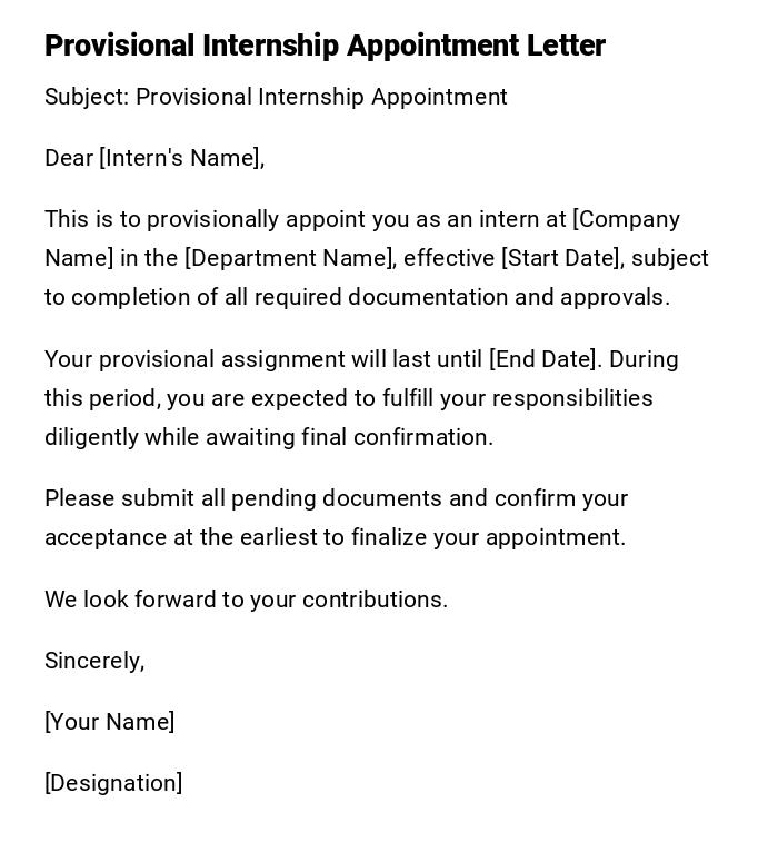 Provisional Internship Appointment Letter