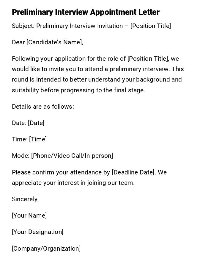 Preliminary Interview Appointment Letter