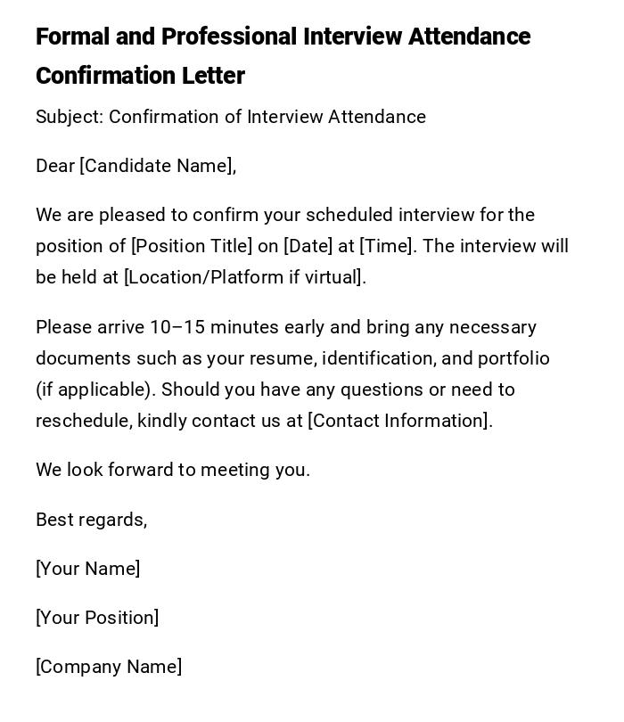 Formal and Professional Interview Attendance Confirmation Letter