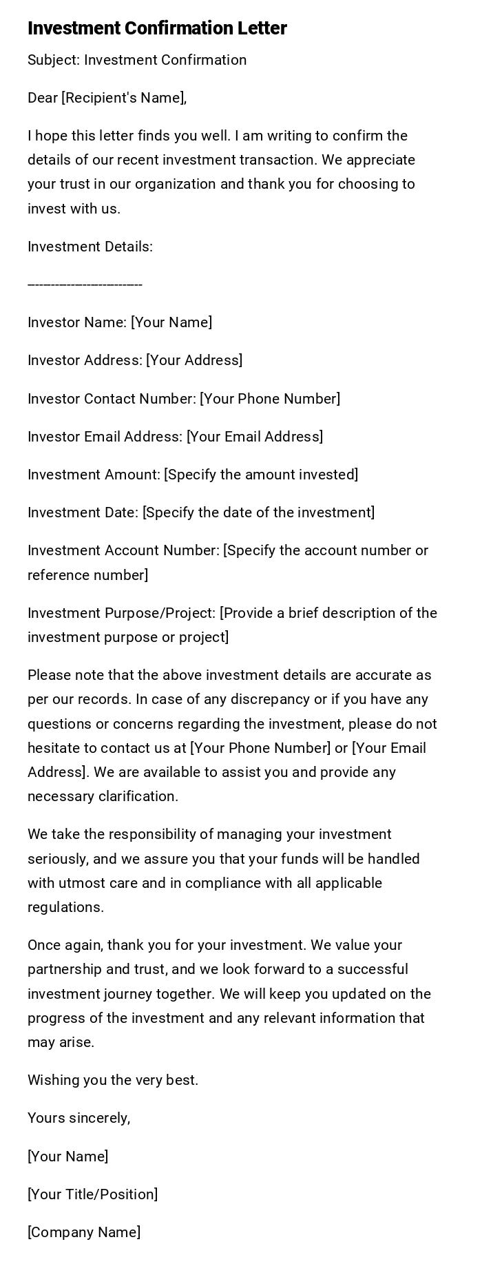 Investment Confirmation Letter Investment Confirmation Letter