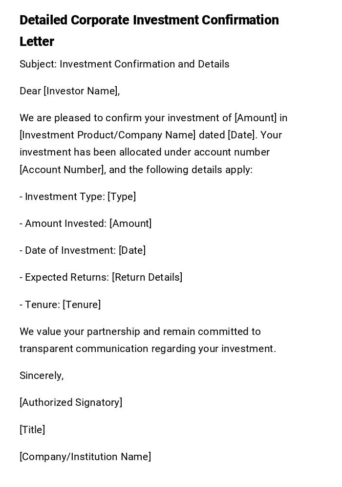 Detailed Corporate Investment Confirmation Letter Detailed Corporate Investment Confirmation Letter
