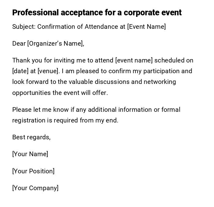Professional acceptance for a corporate event