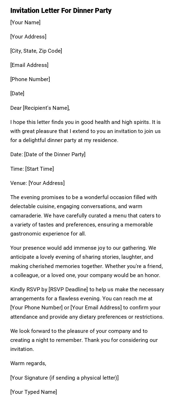 Invitation Letter For Dinner Party Invitation Letter For Dinner Party