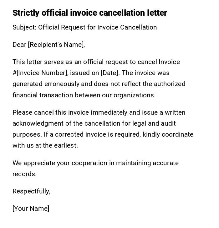 Strictly official invoice cancellation letter
