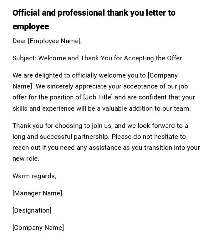 Official and professional thank you letter to employee