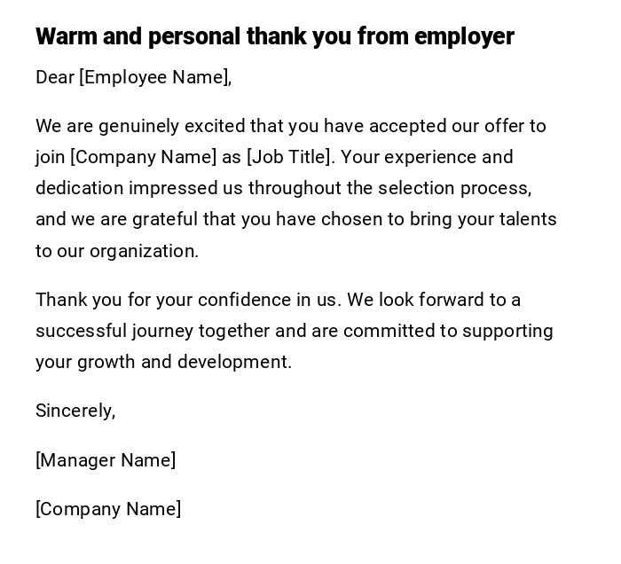 Warm and personal thank you from employer