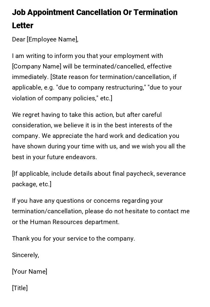 Job Appointment Cancellation Or Termination Letter Job Appointment Cancellation Or Termination Letter