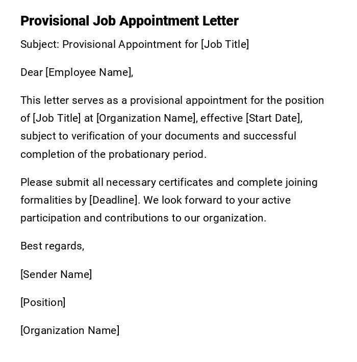 Provisional Job Appointment Letter