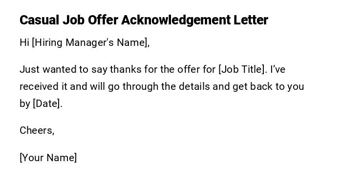 Casual Job Offer Acknowledgement Letter