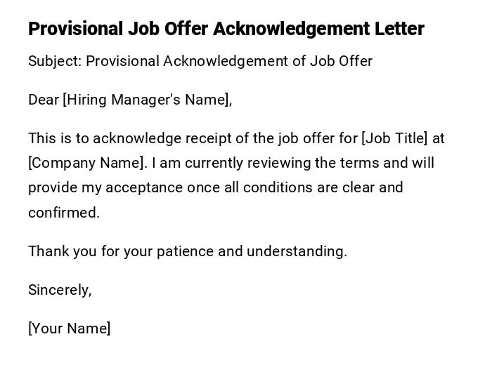 Provisional Job Offer Acknowledgement Letter