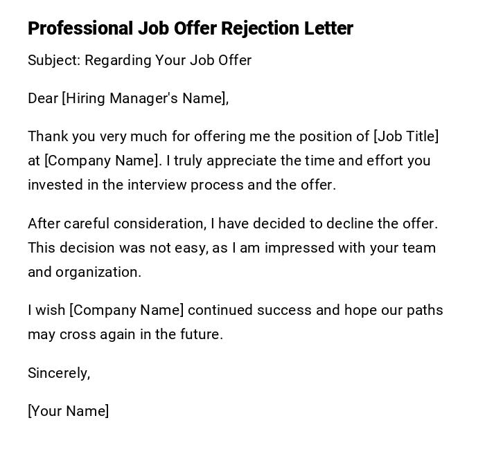 Professional Job Offer Rejection Letter