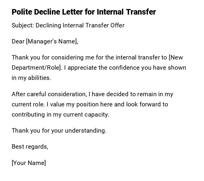 Polite Decline Letter for Internal Transfer