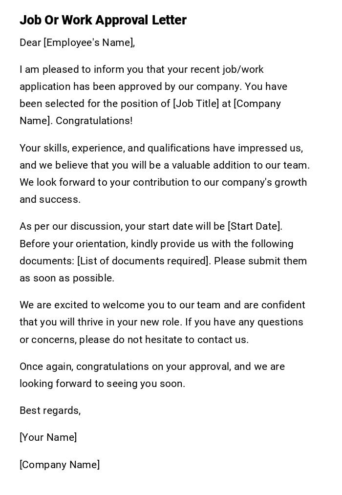 Job Or Work Approval Letter Job Or Work Approval Letter