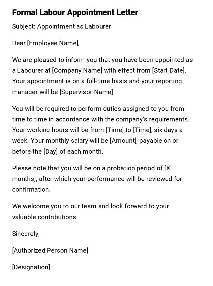 Formal Labour Appointment Letter