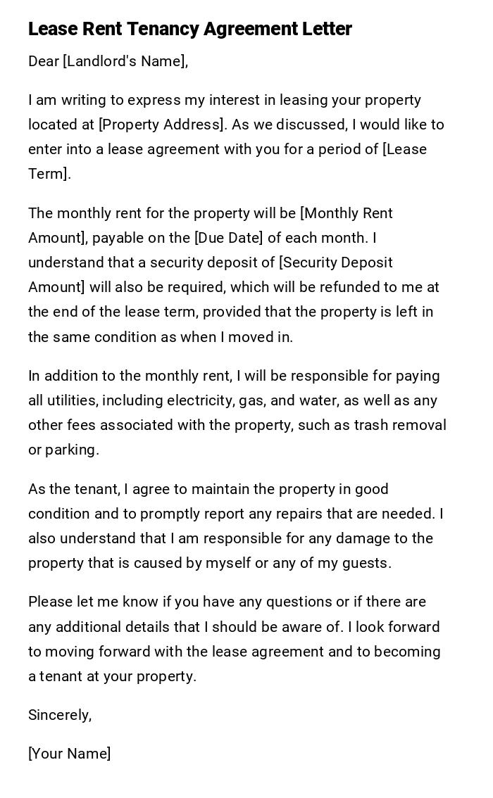 Lease Rent Tenancy Agreement Letter