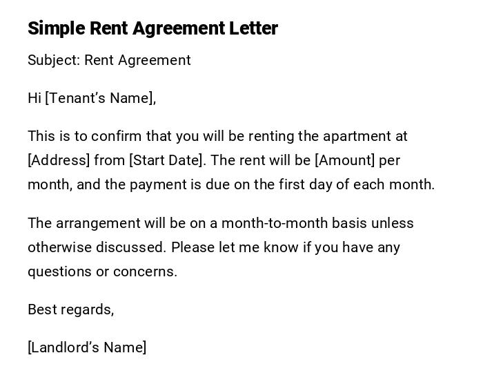 Simple Rent Agreement Letter