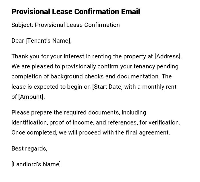 Provisional Lease Confirmation Email