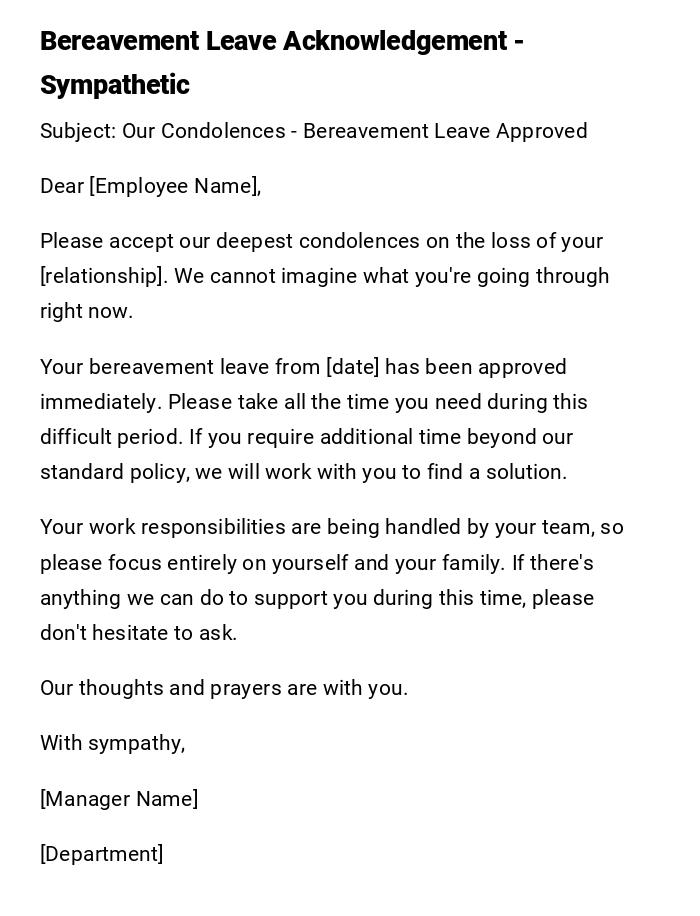 Bereavement Leave Acknowledgement - Sympathetic