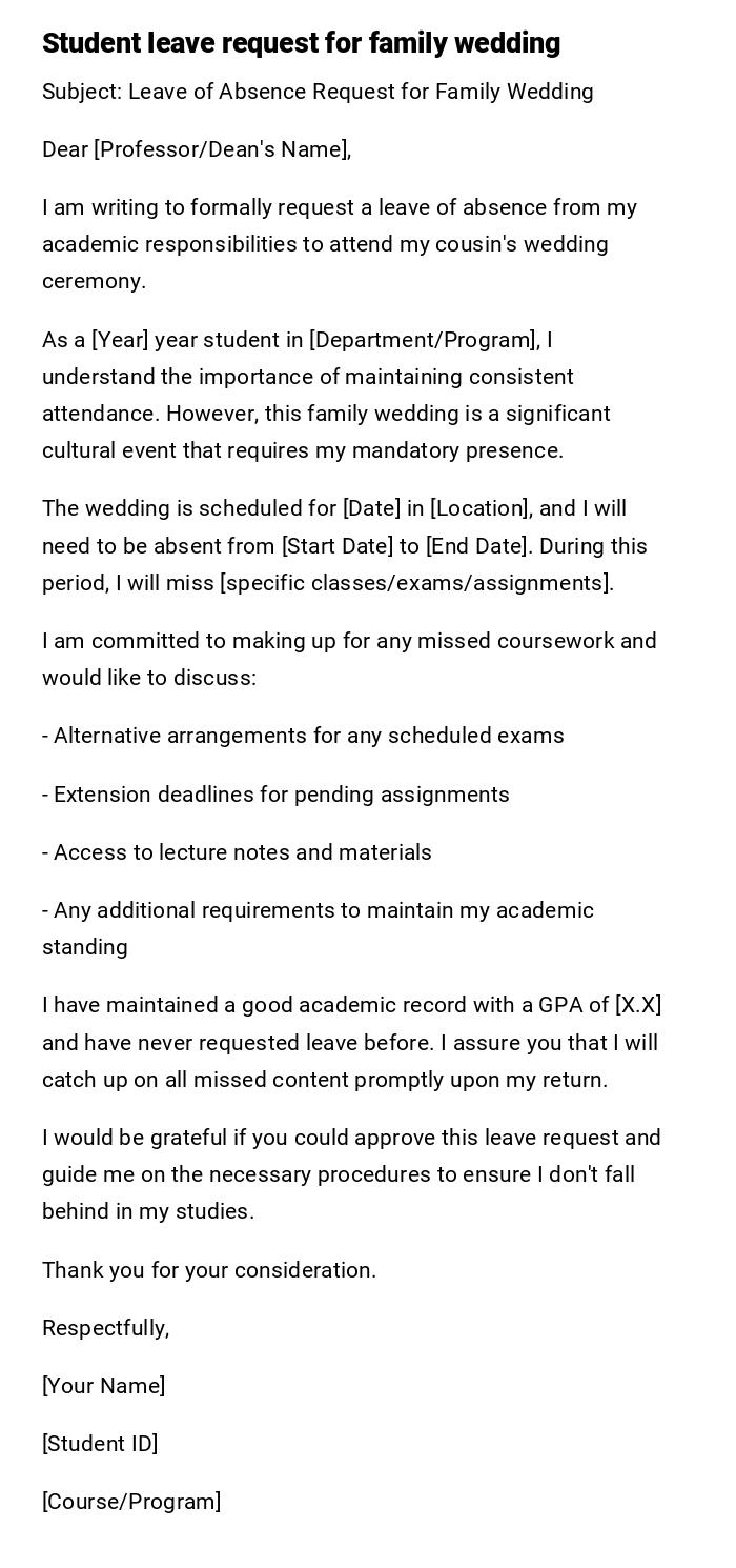 Student leave request for family wedding