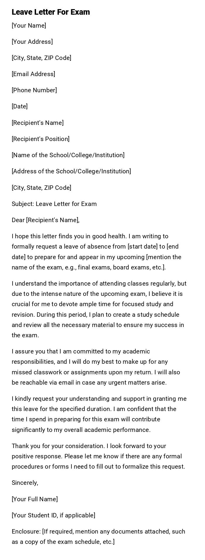 Leave Letter For Exam Leave Letter For Exam
